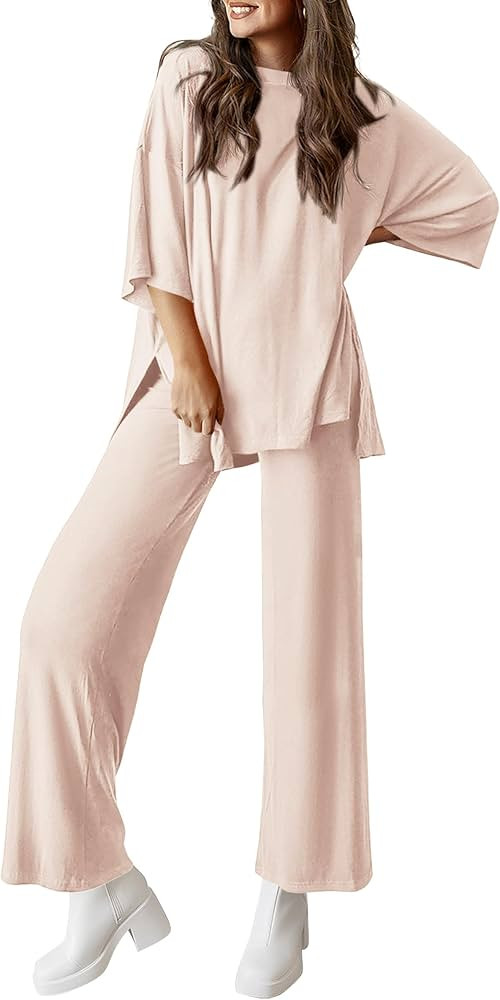 PRETTYGARDEN Women's 2 Piece Outfits Casual Short Sleeve Pullover Tops and Wide Leg Pants Lounge ... | Amazon (US)