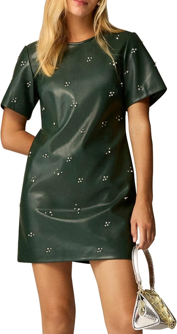LifeShe Rhinestone Faux Leather Dress for Women Casual Short Sleeve Crew Neck Elegant A-line Mini... | Amazon (US)