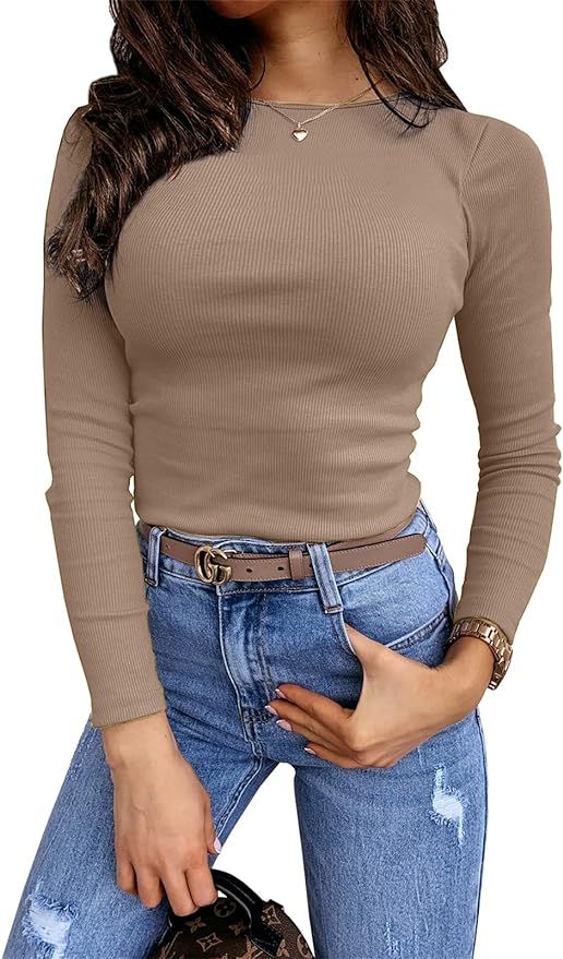 Lynwitkui Women's Long Sleeve Stretch Slim Fitted Ribbed T-Shirt Blouse Cut Out Solid Basic Tops | Amazon (US)