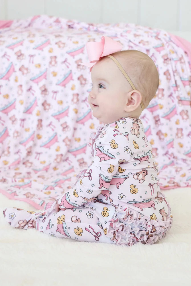 Bathtime Besties Ruffle Zipper Footie | Pink | Caden Lane