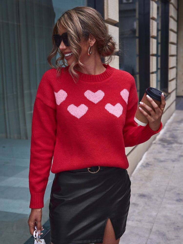 SHEIN Unity Heart Pattern Drop Shoulder Sweater | SHEIN