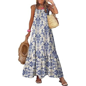 Dokotoo Women Summer Dresses 2026 Spaghetti Strap Scoop Neck Smocked Ruffle Flowy Boho Maxi Dress | Amazon (US)