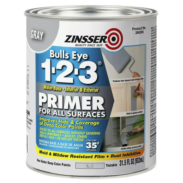 Gray, Zinsser Bulls Eye 1-2-3 Water-Based Primer, Quart | Walmart (US)