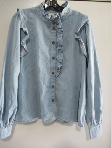 Sezane Eva Shirt Light Blue Cotton Button Down Top with Ruffles US Size 12 *NWT* | eBay US
