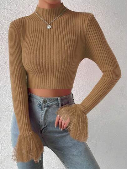 Zolique Short Fuzzy Sweater With Stand Collar And Cuffed Sleeves Knit Pullover Fall Winter Sweater | SHEIN