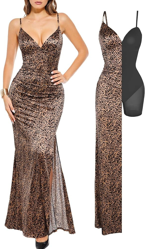 Popilush Women's Sexy Maxi Dress Deep V Neck Ruched Shapewear Dresses Side Slit Formal Cocktail P... | Amazon (US)