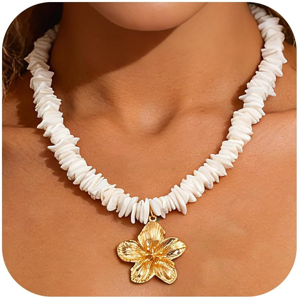 Puka Shell Necklace for Women Flower Starfish Statement Pendant Necklace Boho Beach Choker Hawaiian Necklaces Surfer Jewelry | Amazon (US)
