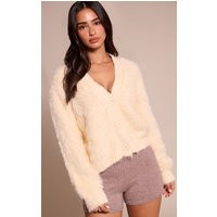 Petite Cream Fluffy Knit V Neck Cardigan Sweater | PrettyLittleThing US