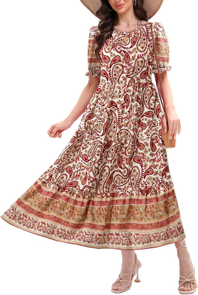 2025 Women’s Boho Floral Maxi Dress Flowy Beach Loose Long Dresses for Vocation | Amazon (US)