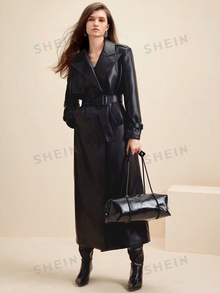 Anewsta Women Black Commuter Wear Cool Leather Jacket Trench Coat | SHEIN | SHEIN