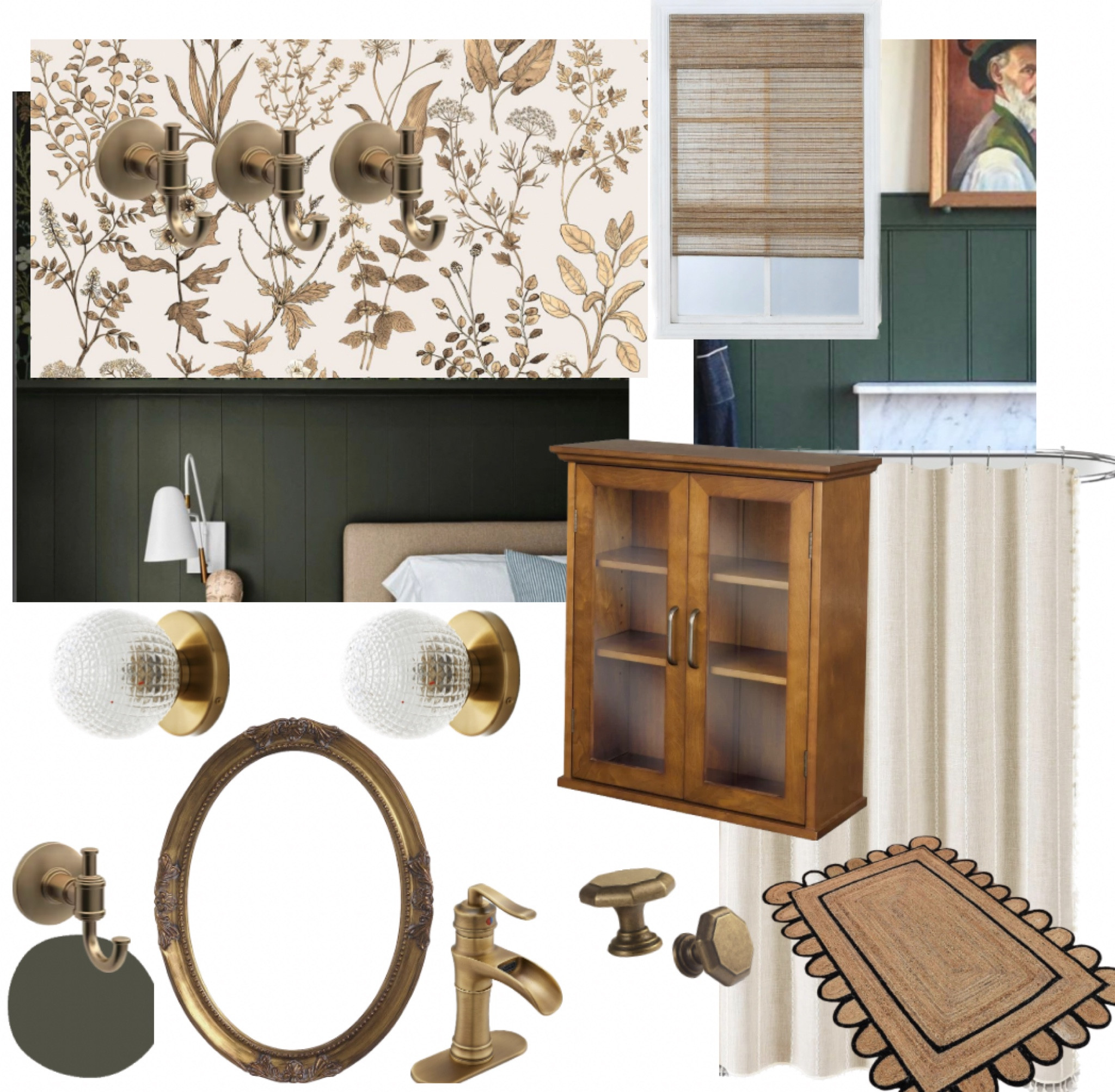 This primary bath inspiration throws a total mood with a deep green paint and conversational cream and gold wallpaper. Natural wood elements and vintage golds play perfectly together.

#LTKhome
