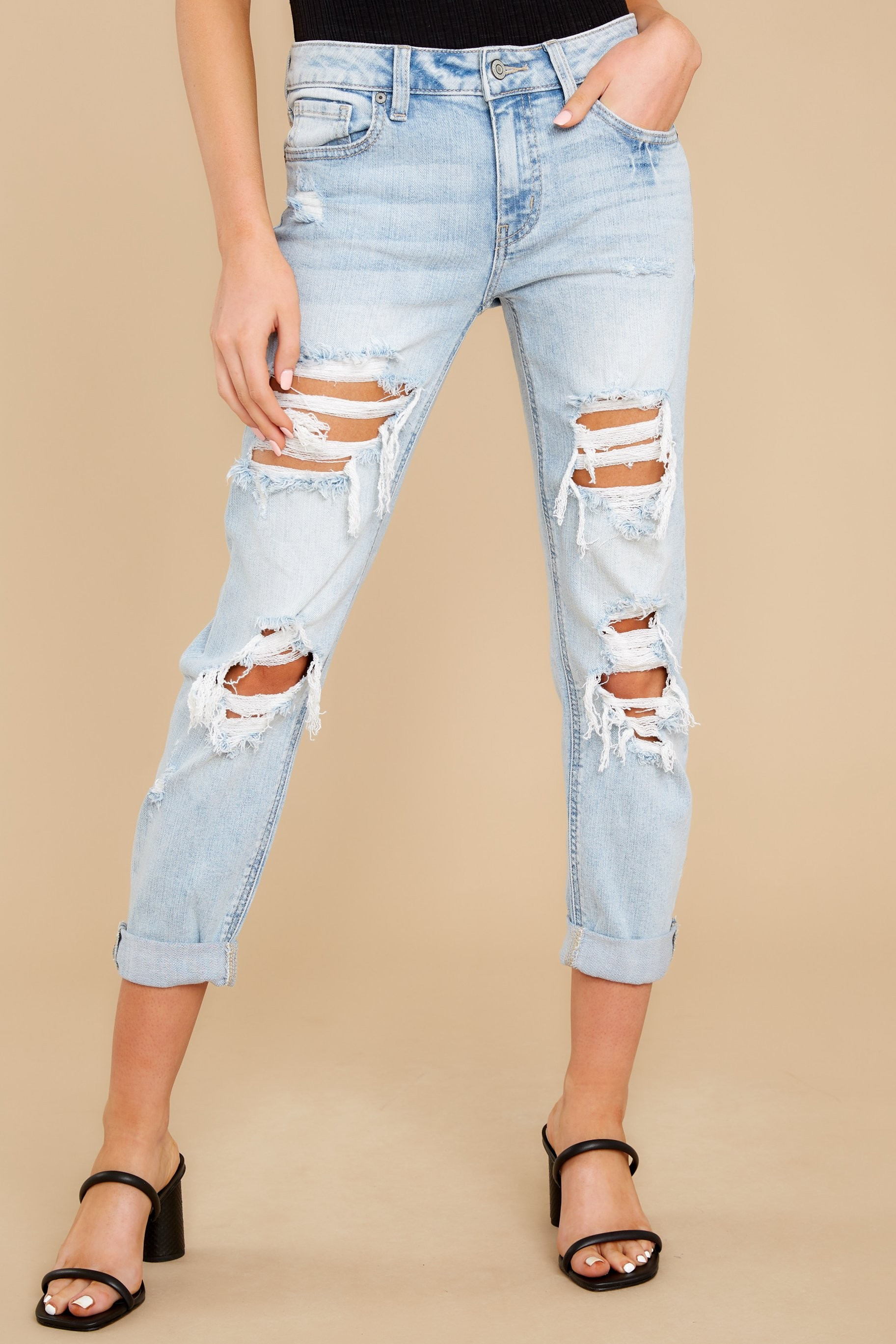 Hard To Believe Light Wash Distressed Girlfriend Jeans Blue | Red Dress 