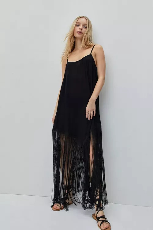 Crinkle Cowl Neck Fringe Maxi Cover Up Dress | Nasty Gal (US)