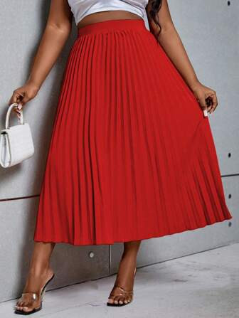 SHEIN Privé Plus Size Solid Color Elastic Waist Pleated Midi Skirt | SHEIN