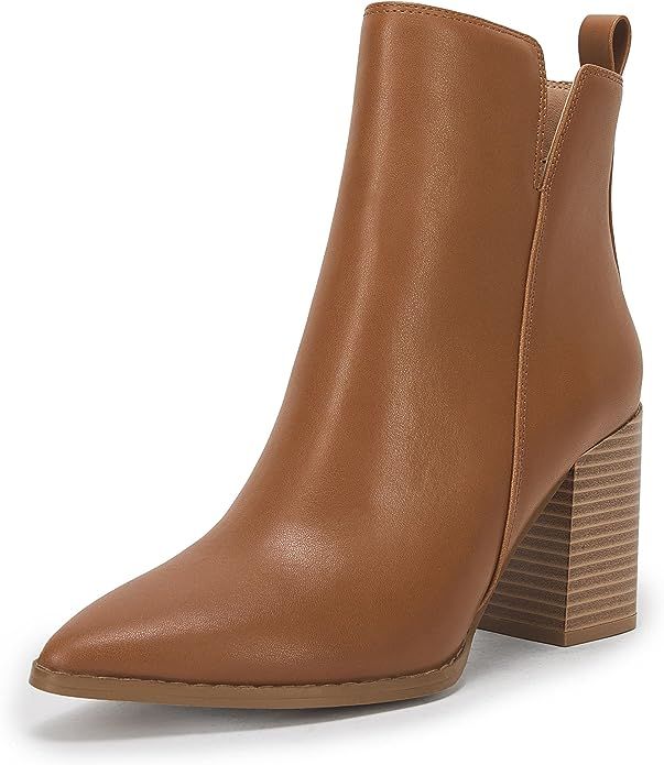 Amazon.com | Womens Ankle Boots Cutout Pointed Toe Chunky Stacked Mid Heel Booties | Shoes | Amazon (US)