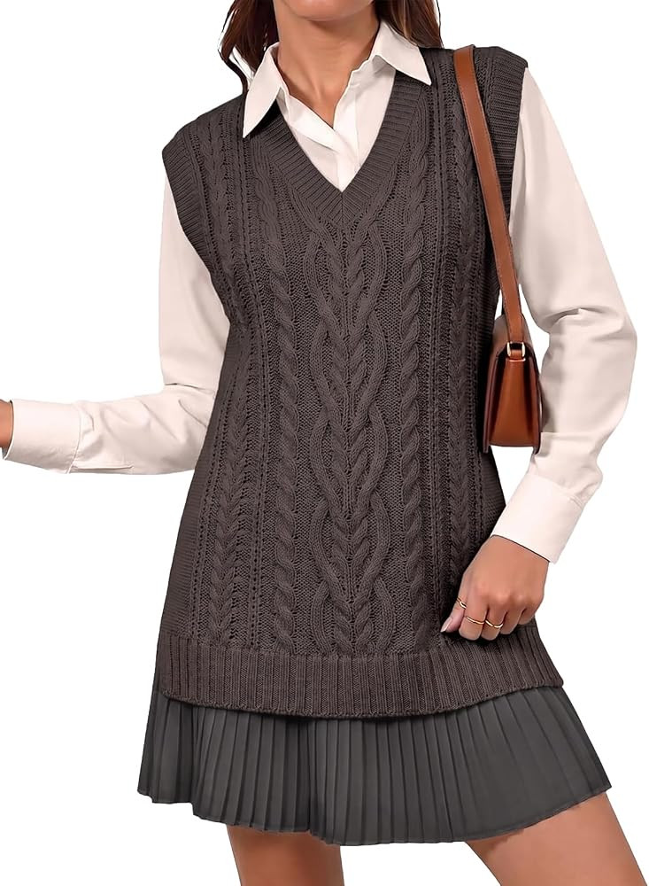 Fisoew Womens Cable Knit Sweater Vest Pleated Patchwork Sleeveless Dress | Amazon (US)