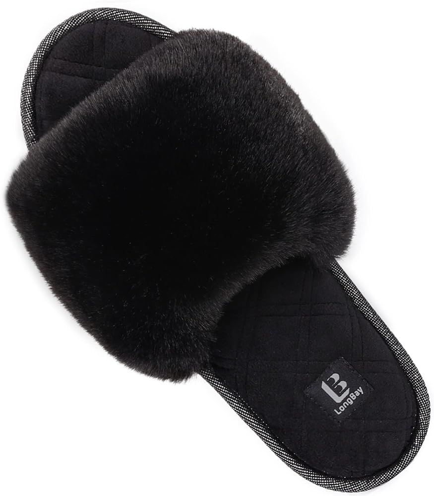 LongBay Women's Fuzzy Faux Fur Memory Foam Cozy Flat Spa Slide Slippers Comfy Open Toe Slip On Ho... | Amazon (US)