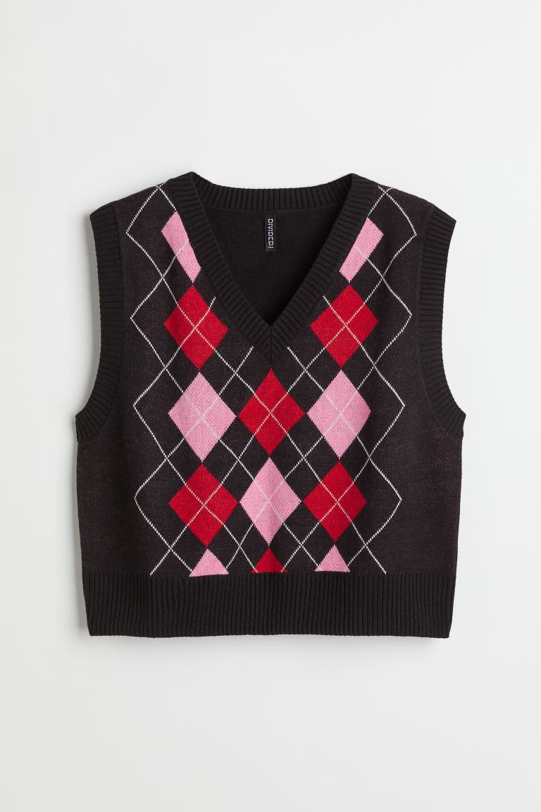 H&M+ Jacquard-knit Sweater Vest - Black/argyle pattern - Ladies | H&M US | H&M (US + CA)