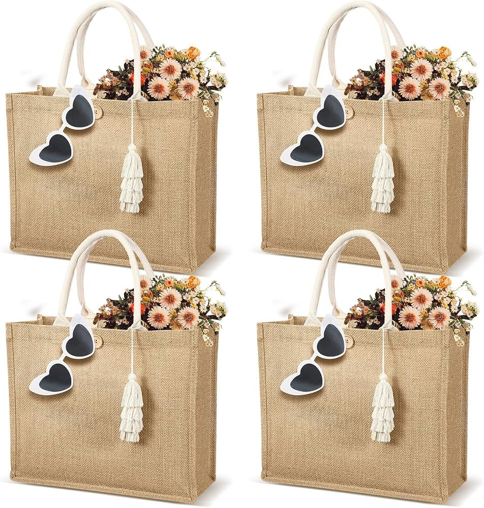 Woanger 4 Pack Burlap Tote Bags for Women Bridesmaid Jute Gift Bag with Handles and Tassels Reusa... | Amazon (US)