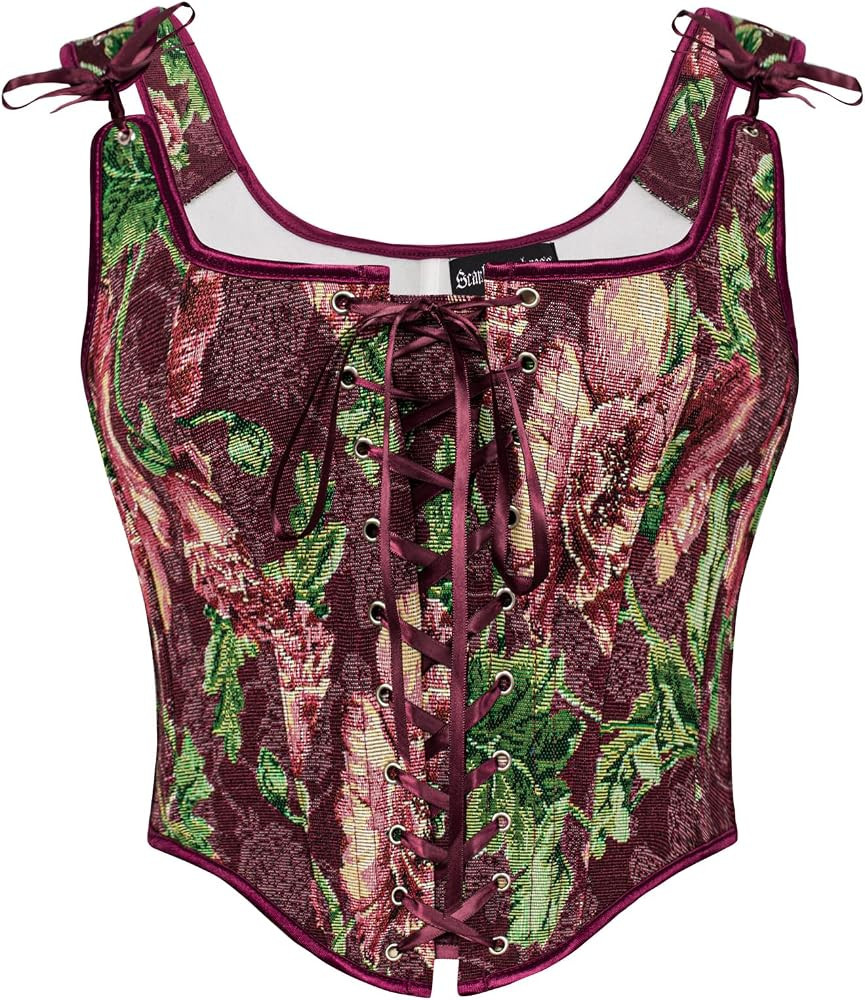 SCARLET DARKNESS Women's Floral Corset Top Cottagecore Vest Overbust Bustier Lace-up Vintage Medi... | Amazon (UK)