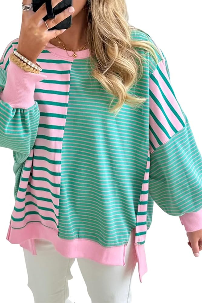 Womens Sweatshirts 2025 Green Stripe Mix Pattern Color Block Patchwork Side Slit Baggy Sweatshirt... | Amazon (US)