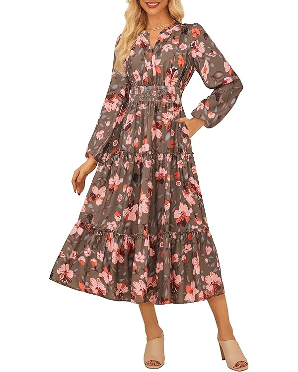 GRACE KARIN Women Floral Maxi Dress,2025 Fall Long Sleeve Casual Dresses,V Neck Boho Flowy Elegan... | Amazon (US)