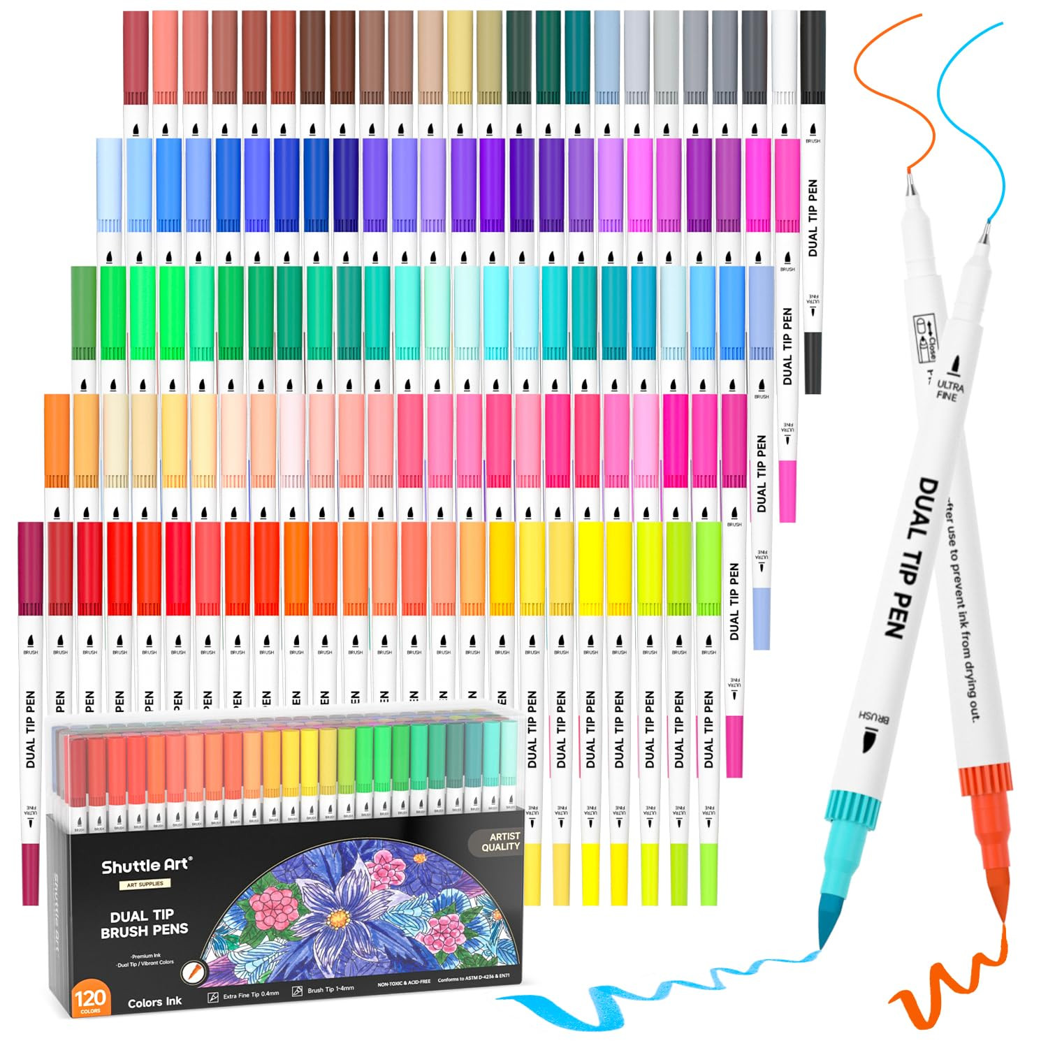 120 Colors Dual Tip Brush Marker Pens with 1 Coloring Book, Fineliner and Brush Dual Tip Markers Set, Water-based Ink Perfect for Kids Adult Artist Calligraphy Hand Lettering Journal Doodling Writing | Amazon (US)