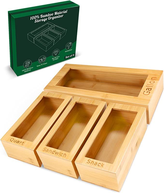 Ziplock Bag Organizer Drawer Storage: 4 pack Bamboo Drawer Organizer Kitchen Organization Contain... | Amazon (US)