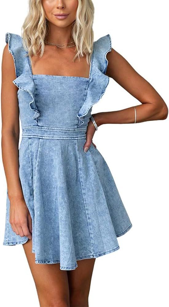 utcoco Denim Dress for Women Ruffle Adjustable Strap Sleeveless Backless Babydoll Mini Jean Dress... | Amazon (US)