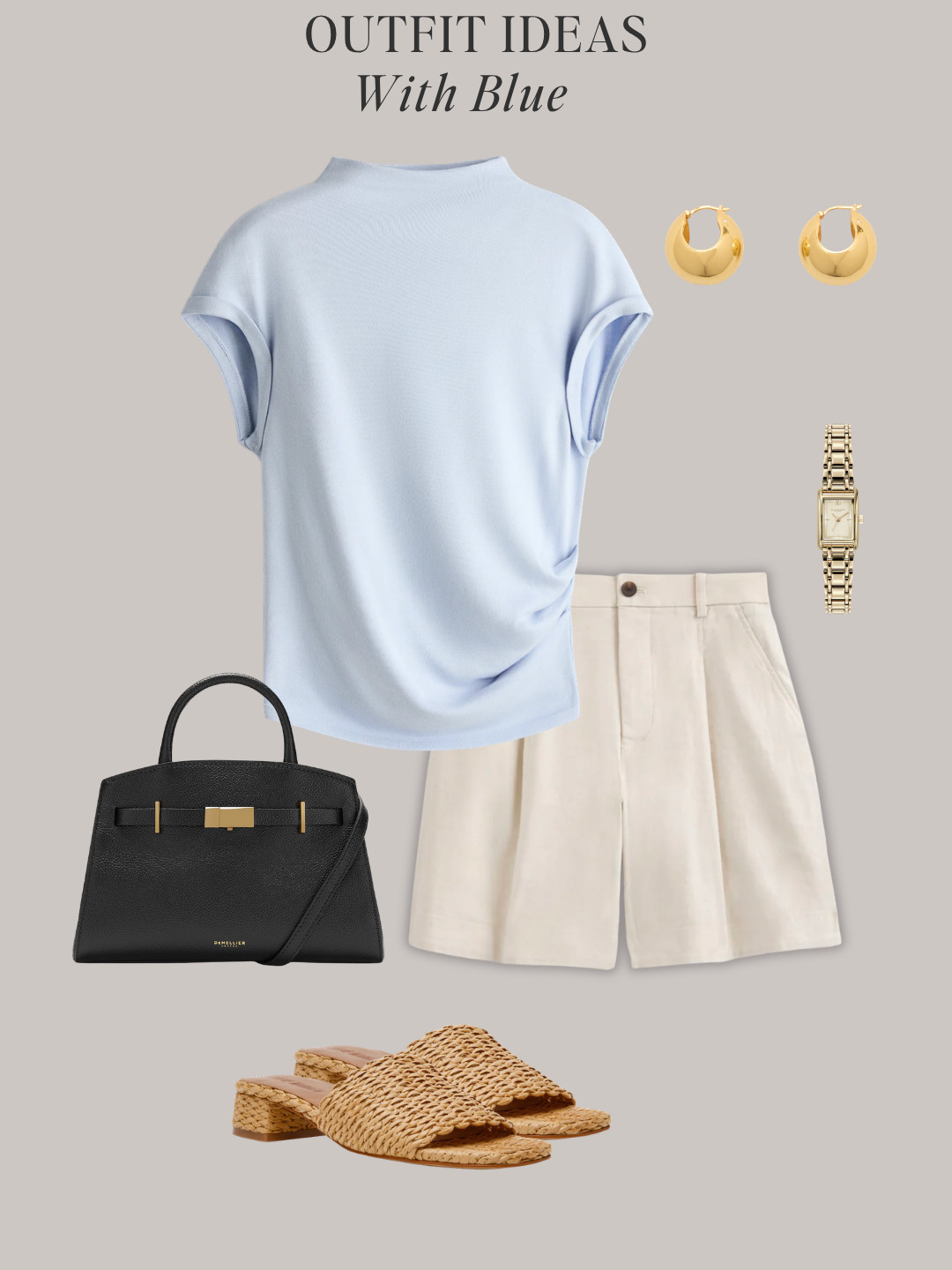 8 outfit ideas with light blue For summer ✔️ All-non light blue color clothes, shoes and accessories are in the Minimal Chic Summer 2026 capsule wardrobe.  

button vest, tailored shorts, slide sandals, sleeveless top, white midi skirt, slingback flats, blue button-down shirt, bermuda shorts, thong sandals, striped vest, linen shirt, tailored pants, white tee, black skirt, straw raffia sandals, tank dress, linen blazer, polo top

#quietluxury #styleguide #effortlesschic #lightblue #summeroutfits 

 