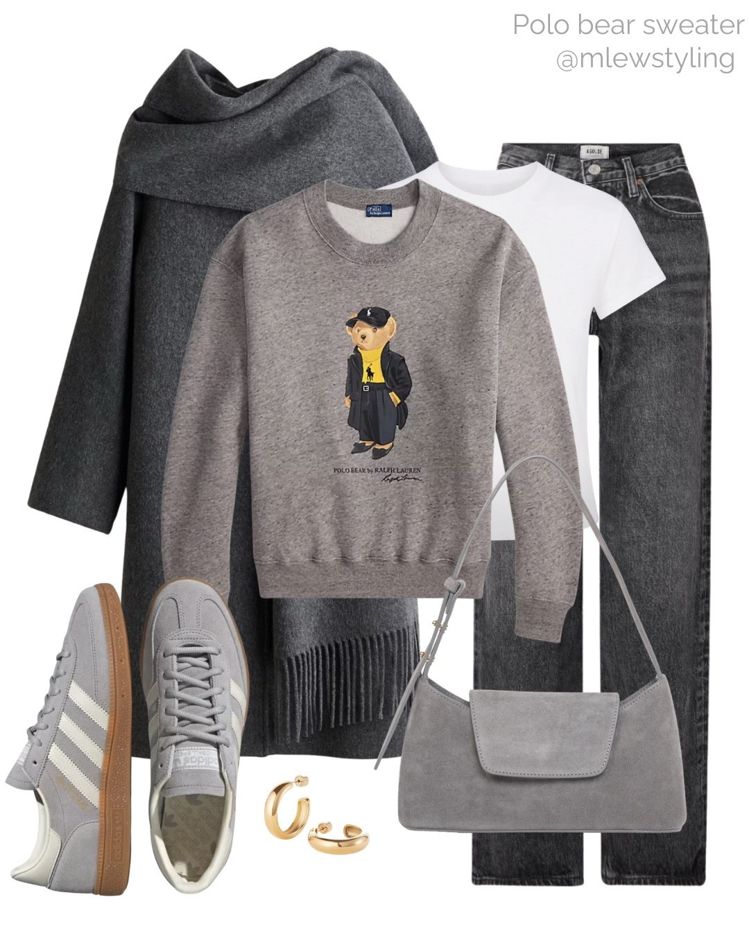 Polo bear sweatshirt everyday outfit 🩶

Tags: Ralph Lauren, fall outfit, winter look, skims white t-shirt, grey agolde jeans, adidas Spezial sneakers, Elleme suede bag, scarf coat, gold hoop earrings, holiday look, weekend outfit 

#LTKSeasonal #LTKootd #LTKHoliday