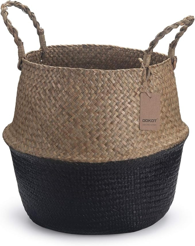 Seagrass Plant Basket with Handles Natural Woven Storage Baskets (Black 9 inch D x 11 inch H) | Amazon (US)