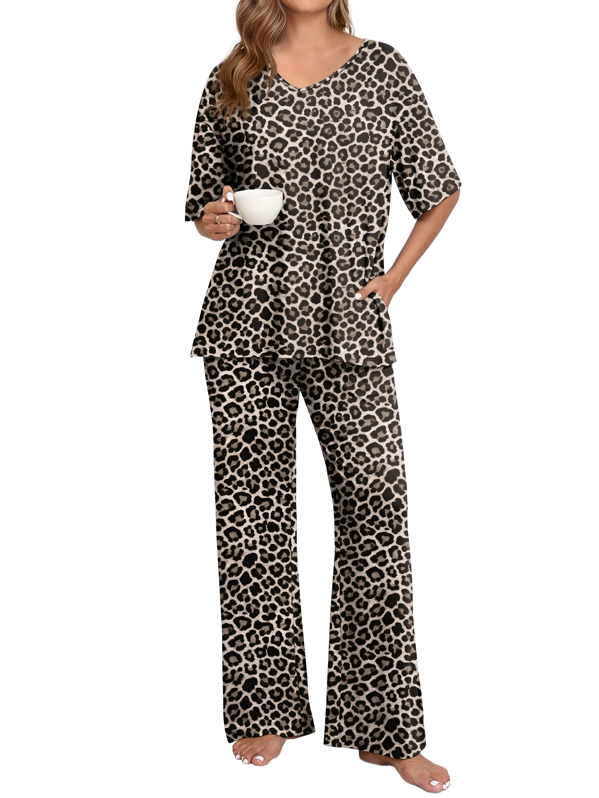 MINTREUS Lounge Sets for Women Knit Short Sleeve V-neck Tops and Long Pants Soft Comfy Pajamas Set Oversized 2 Piece Outfits | Walmart (US)