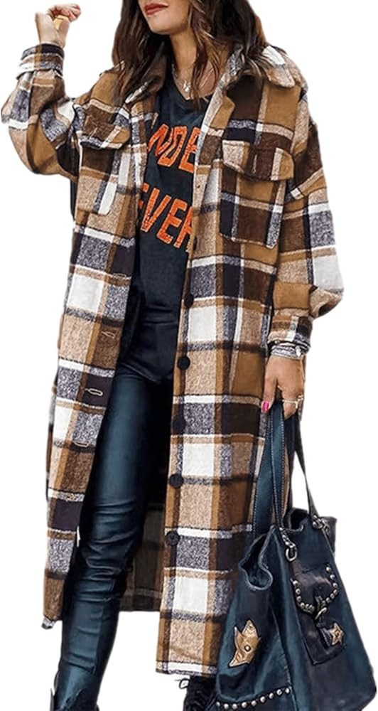 Womens Collared Faux Woolen Single Breasted Plaid Long Shirt Jacket Button Down Tartan Flannel Tr... | Amazon (US)