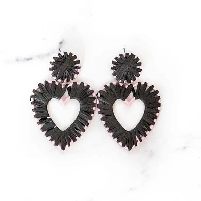 Black Raffia Heart Earrings | Golden Thread