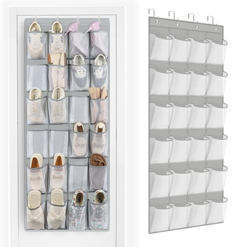 FENTEC 24 Pockets Over the Door Shoe Organizer Hanging Shoe Organizer for Closet, Space Saving Mesh Large Pocket Shoe Storage and Organizer, Shoe Holder for Apartments Garages, Grey 1 Pack | Amazon (US)