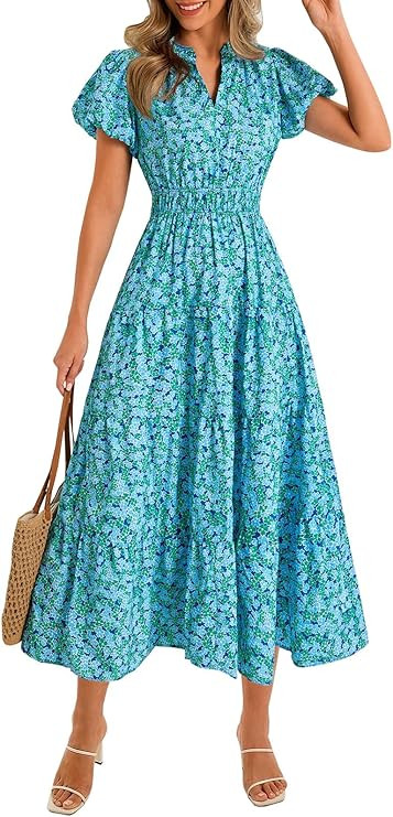 Wenrine Womens Summer Floral Maxi Dress Casual V Neck Puff Short Sleeve Smocked Loose Boho Beach ... | Amazon (US)