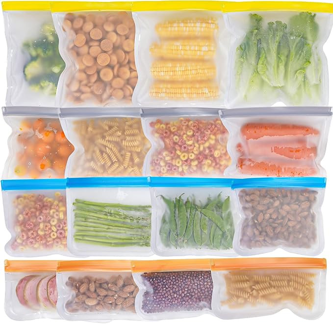 Reusable Food Storage Bags, 16 Pack 4 Size Multicolor BPA FREE Flat Freezer Bags(4 Reusable Gallo... | Amazon (US)