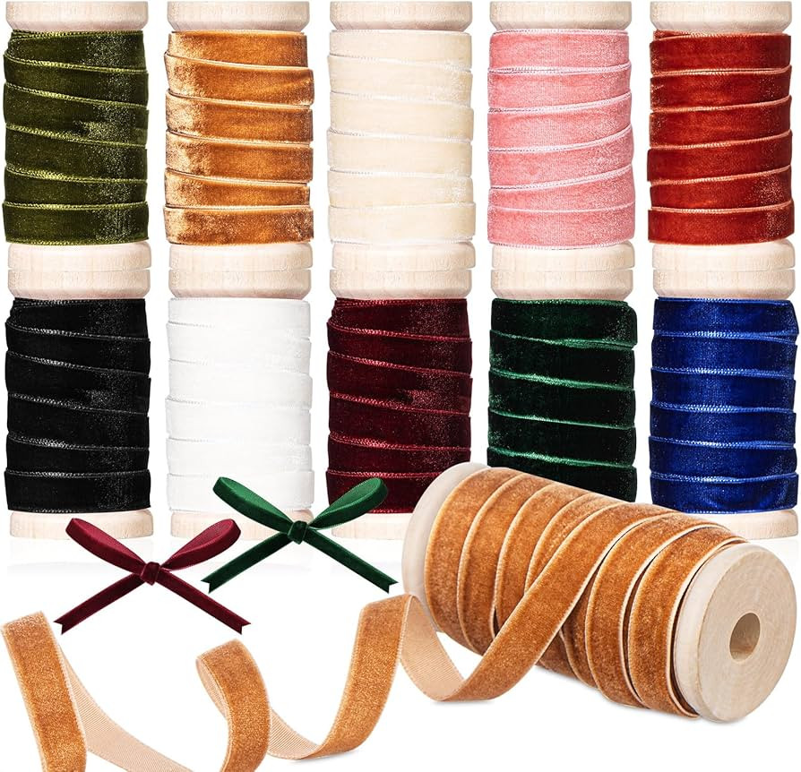 Chuangdi 3/8 x 50 yd Christmas Velvet Ribbon Bulk 10 Rolls Thin Luxury Vintage Velvet Ribbon with... | Amazon (US)