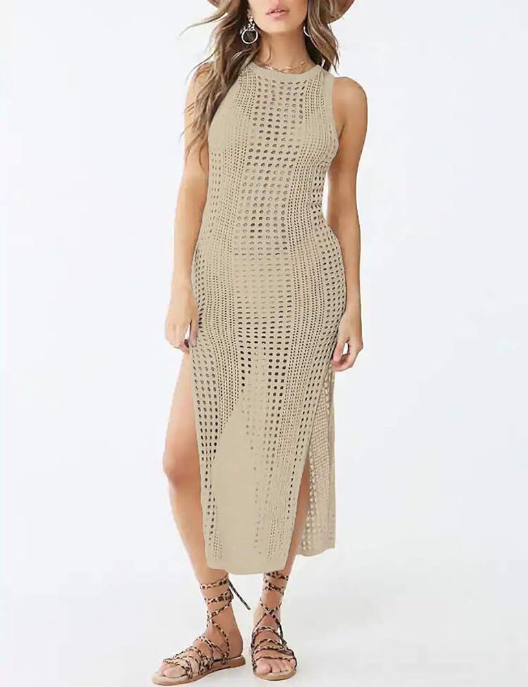 Bsubseach Crochet Cover Ups for Women Hollow Out Sleeveless Bikini Swimsuit Swimwear Side Split Long | Amazon (US)