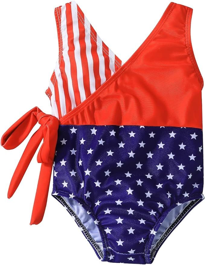 Noubeau 4th of July Toddler Girl One Piece Swimsuit Color Block Tie Side Swimwear Star Stripe Bat... | Amazon (US)