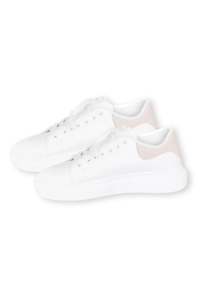 Jazzlyn White Sneakers with Taupe Heel Accent | Pink Lily