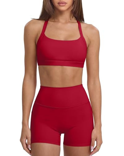 SUUKSESS Women Halter Padded 2 Piece Workout Sets with Pockets High Waisted Shorts Open Back Scoop Neck Sports Bra(Red,M) | Amazon (US)