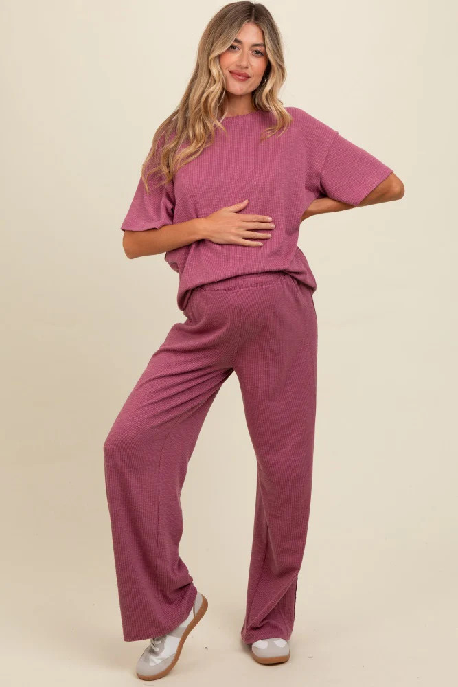 Mauve Textured Knit Oversized Tee And Pants Maternity Set | PinkBlush Maternity