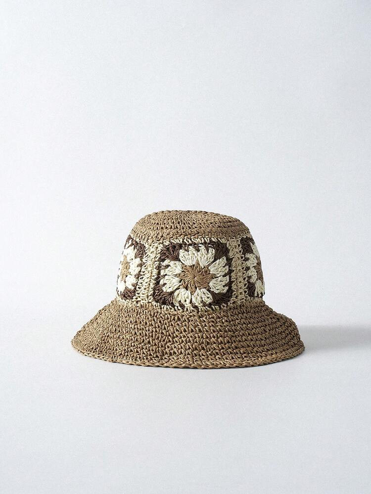 Tropiscape Women Hand-Woven Flower Hat For Summer Beach Sun Protection, Fashionable Grid Color Bl... | SHEIN