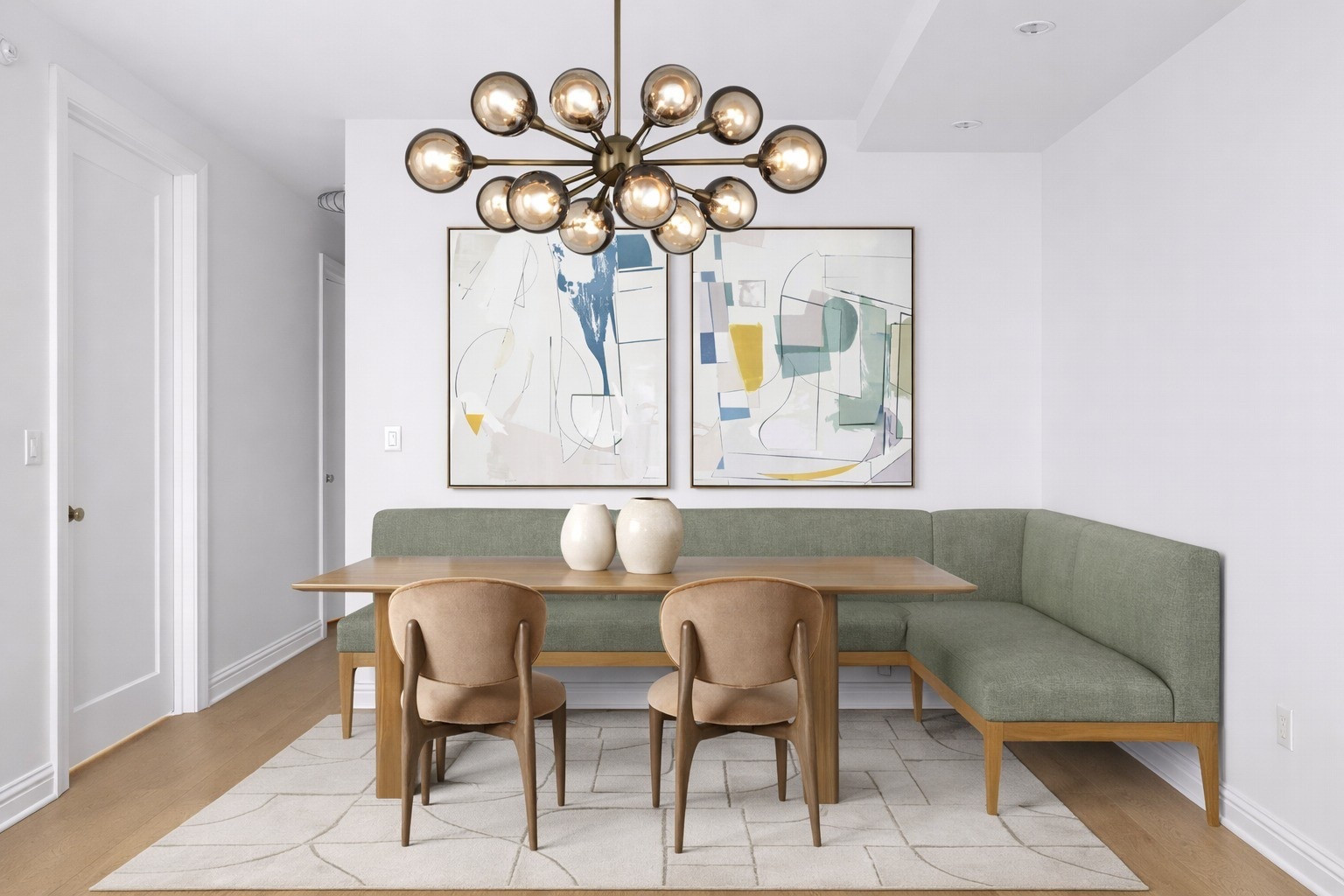 Banquettes instantly make a dining area feel custom and high-end. Paired with warm wood, soft upholstery, and sculptural lighting for a timeless, modern look 🤍

#LTKHome #LTKSaleAlert