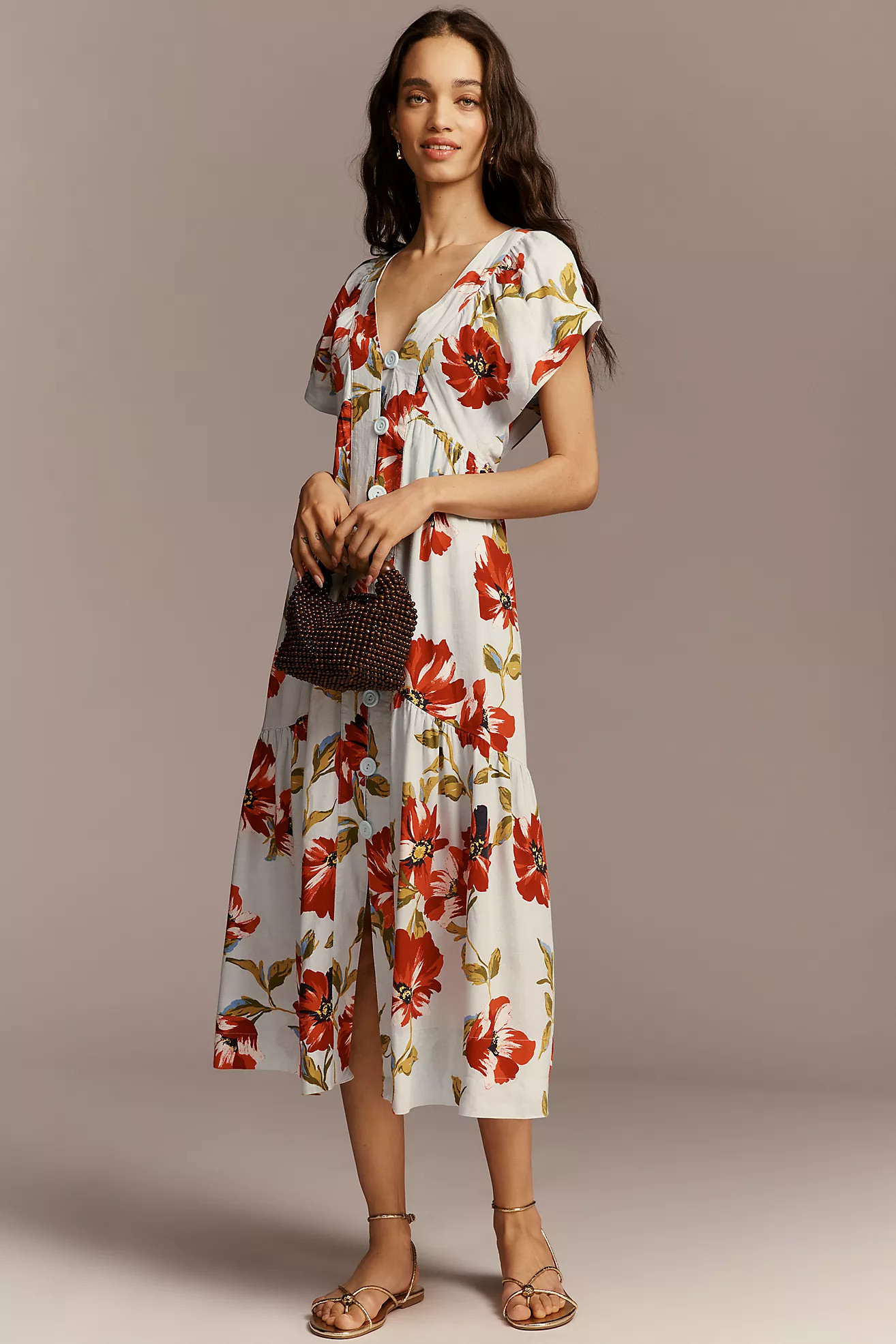The Reneé Flutter-Sleeve Linen Button-Front Midi Dress | Anthropologie (US)