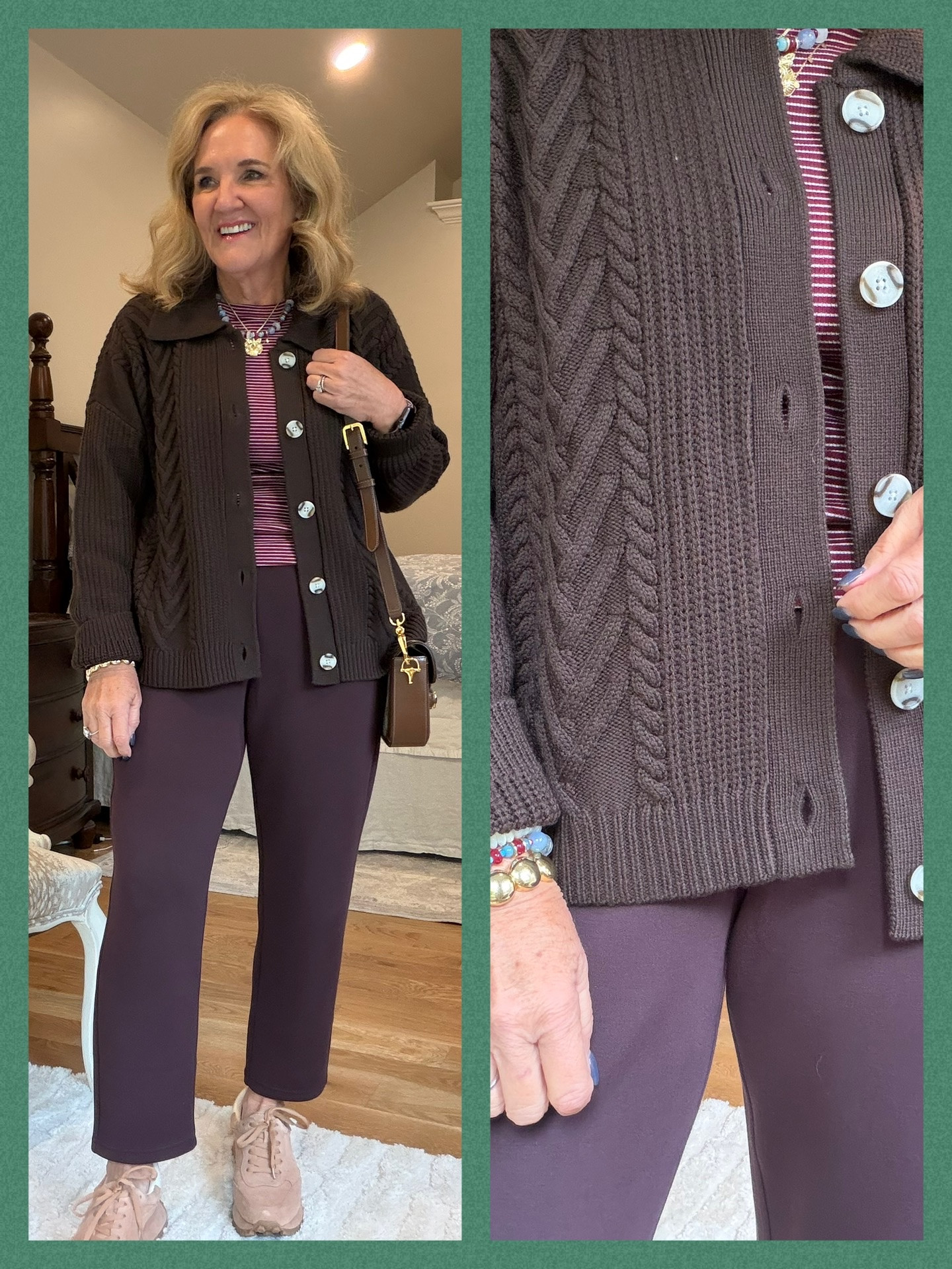 New Spanx air essentials in truffle brown
Quince merino wool cable cardigan I sized down to a small
Strip t-shirt size medium
Slim straight pants medium petite
Quilted wrap vest size medium
Suede sneakers with lug soles perfect for fall and winter
20% off my Allie & Bess jewelry with code NANETTE30 
Favorite splurge worthy gucci bag 

#LTKPetite #LTKTravel #LTKOver40