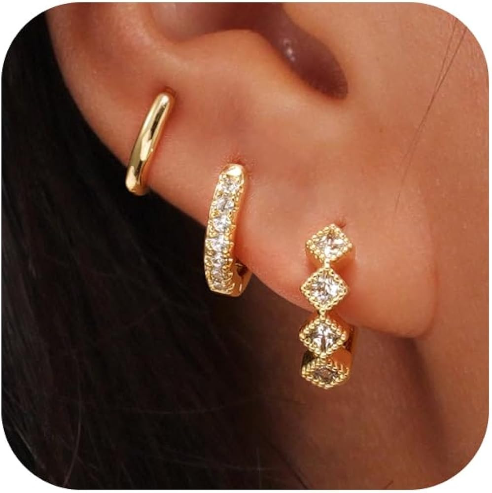 Gold Hoop Earrings Set for Women Trendy, 14K Real Gold Plated Chunky Hypoallergenic Small Diamond... | Amazon (US)