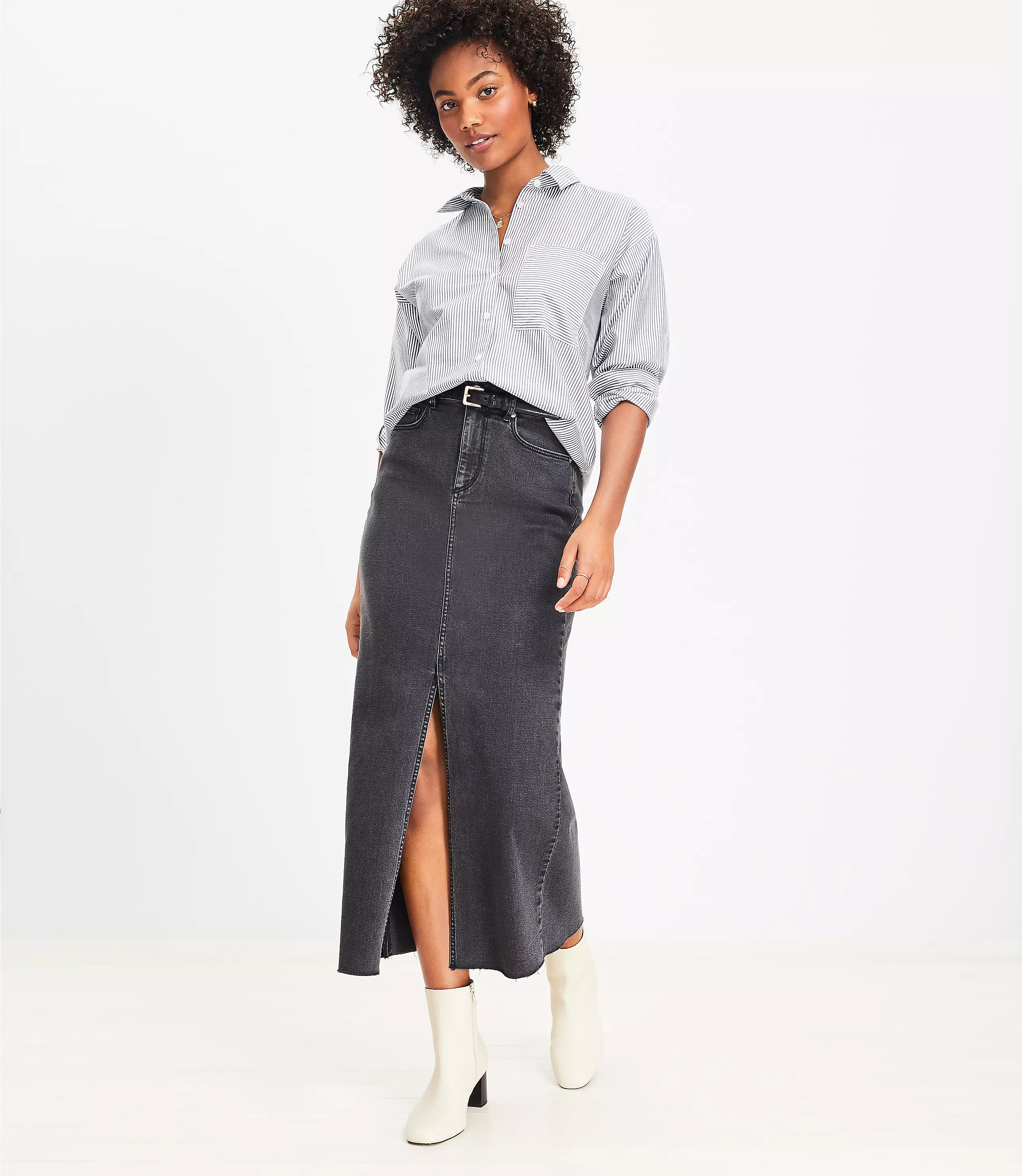 Petite Fresh Cut Denim Maxi Skirt in Washed Black | LOFT